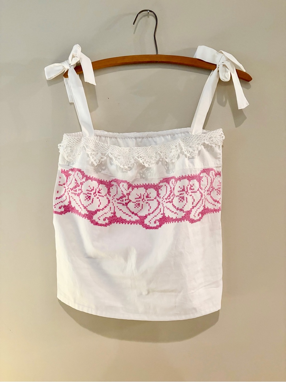 White Tie-Shoulder Tank with Pink Embroidered Band